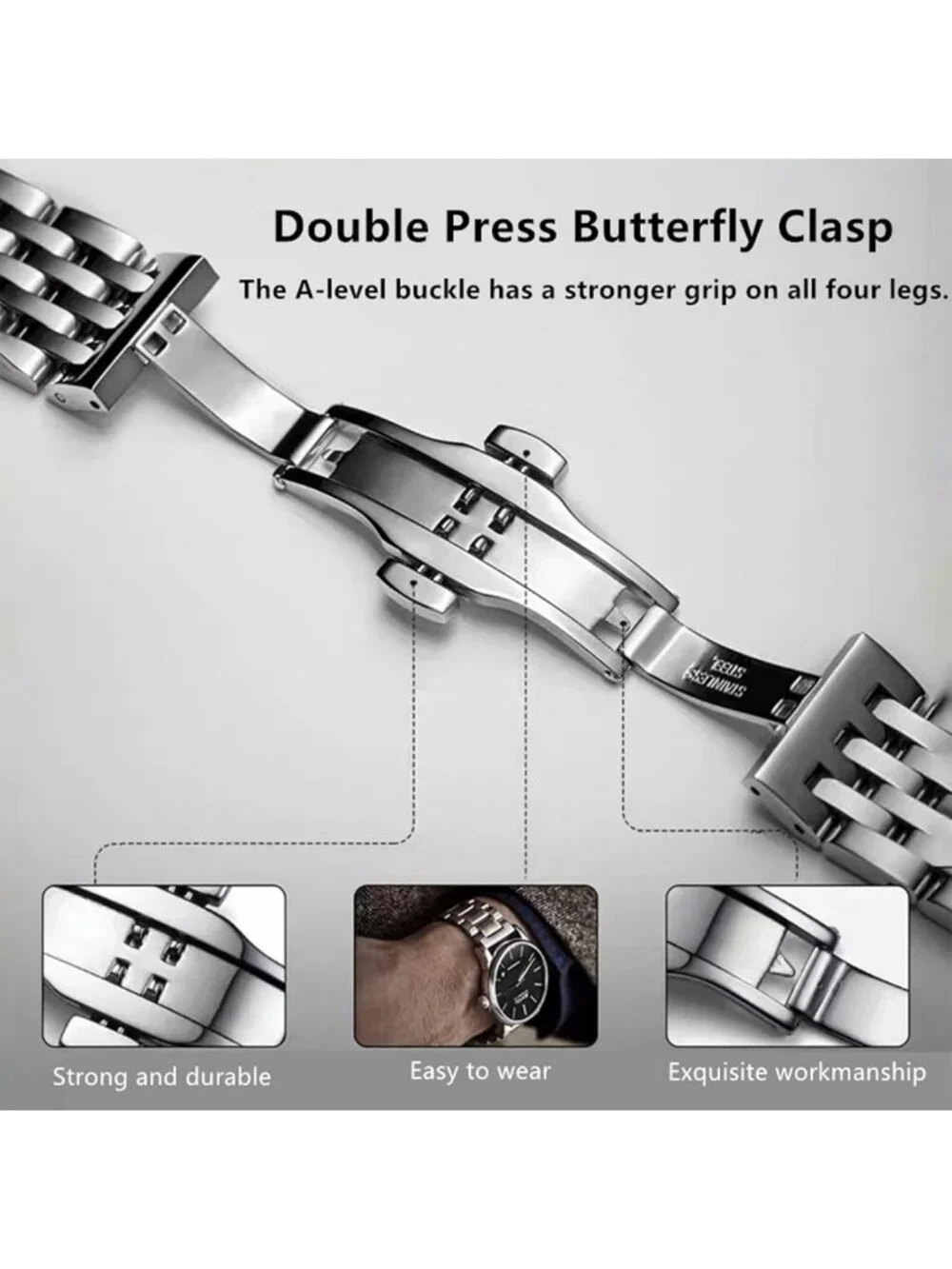 Universal Stainless Steel Watch Band - 14mm to 24mm Adjustable Metal Strap for